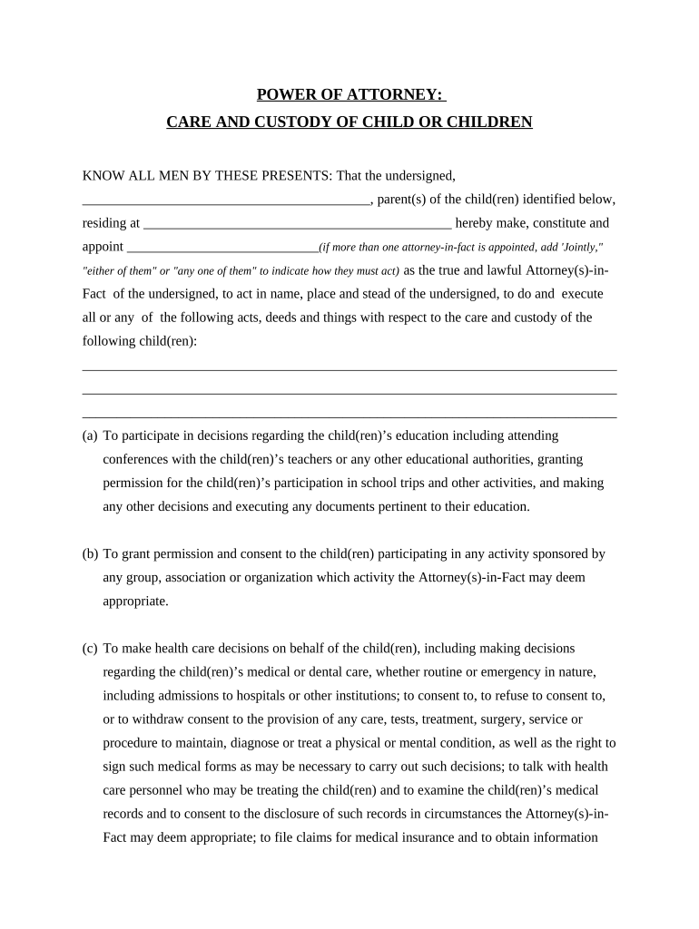 General Power of Attorney for Care and Custody of Child or Children - Vermont Preview on Page 1