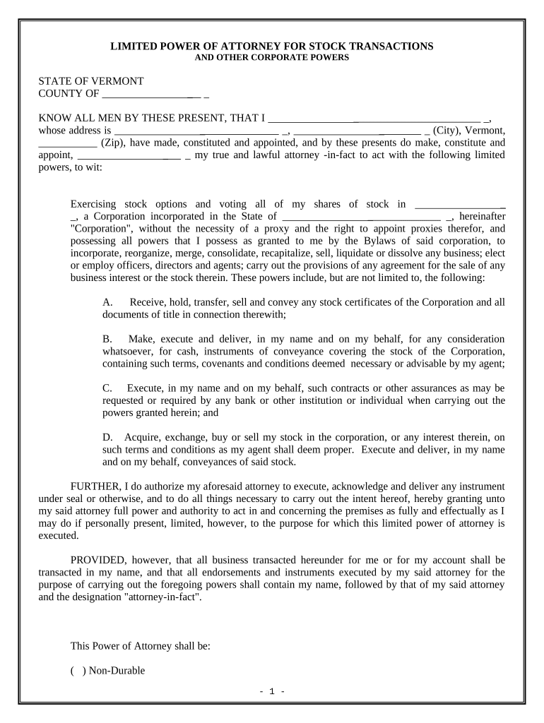 Limited Power of Attorney for Stock Transactions and Corporate Powers - Vermont Preview on Page 1