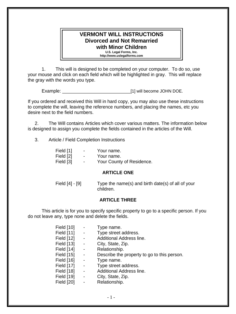 Legal Last Will and Testament Form for Divorced person not Remarried with Minor Children - Vermont Preview on Page 1.