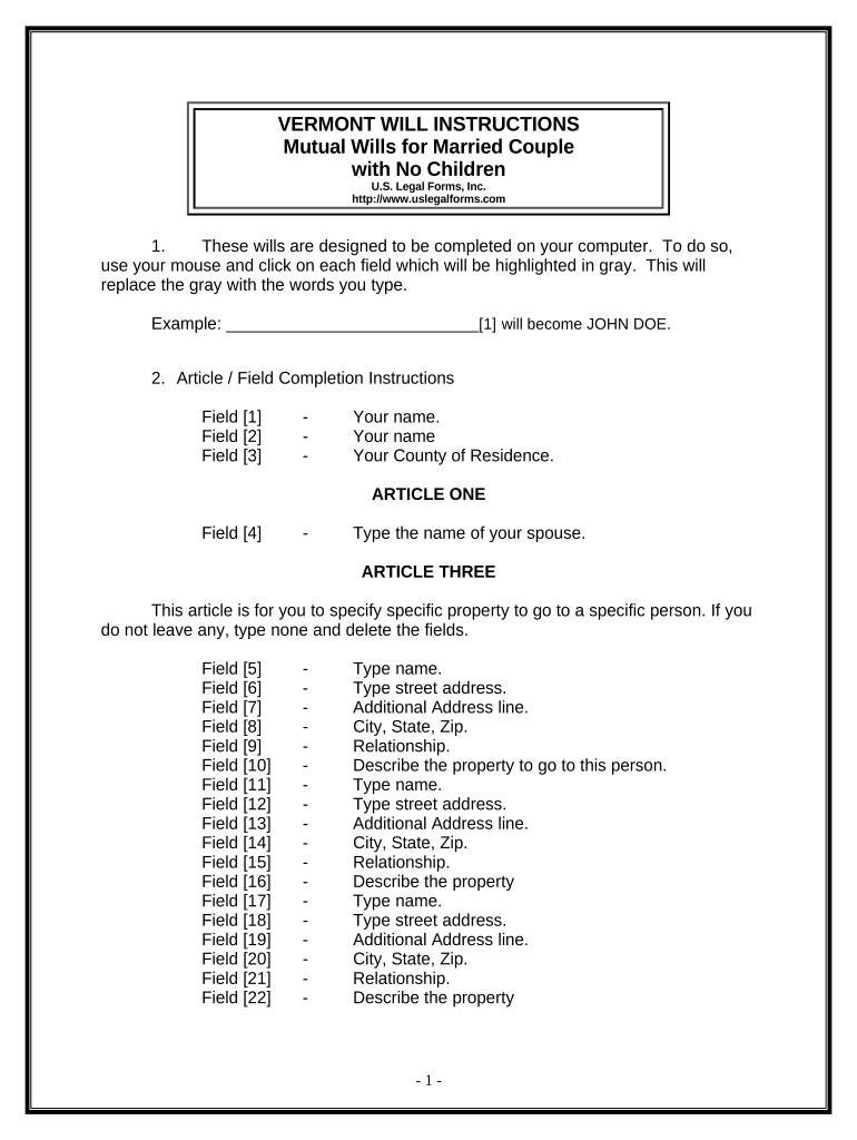 Mutual Wills package with Last Wills and Testaments for Married Couple with No Children - Vermont Preview on Page 1