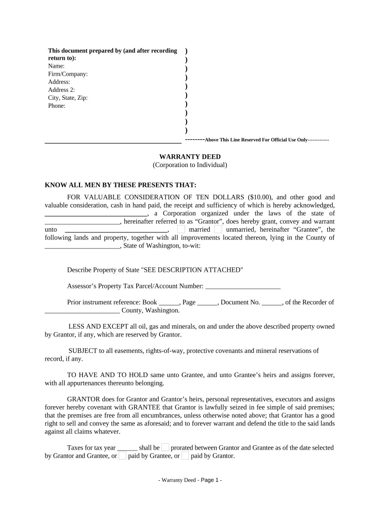 Warranty Deed from Corporation to Individual - Washington Preview on Page 1