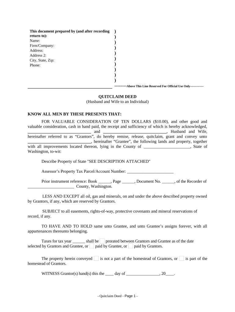 Quitclaim Deed from Husband and Wife to an Individual - Washington Preview on Page 1