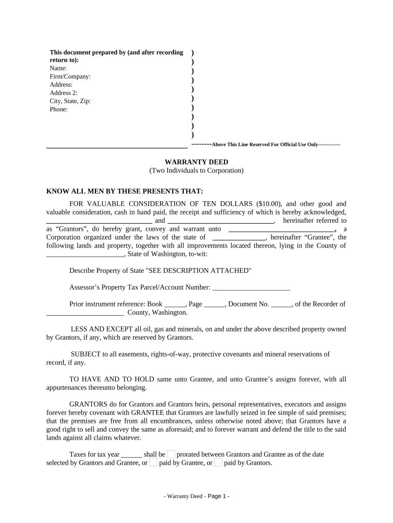 Warranty Deed from two Individuals to Corporation - Washington Preview on Page 1