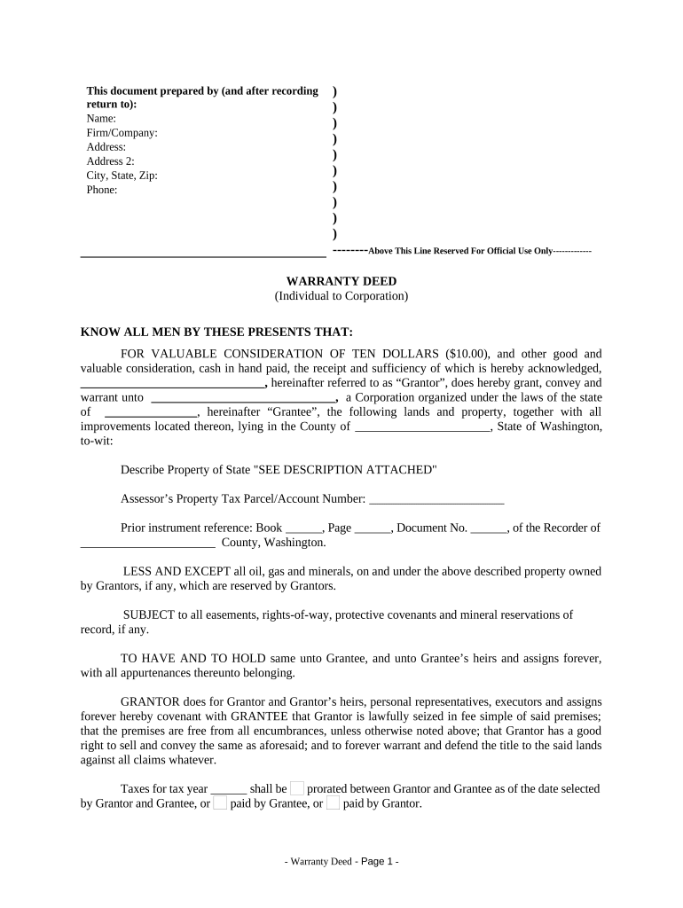 Warranty Deed from Individual to Corporation - Washington Preview on Page 1