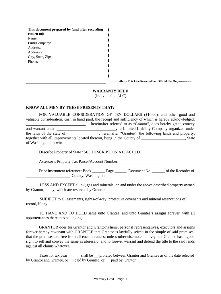 Warranty Deed from Individual to LLC - Washington Preview on Page 1