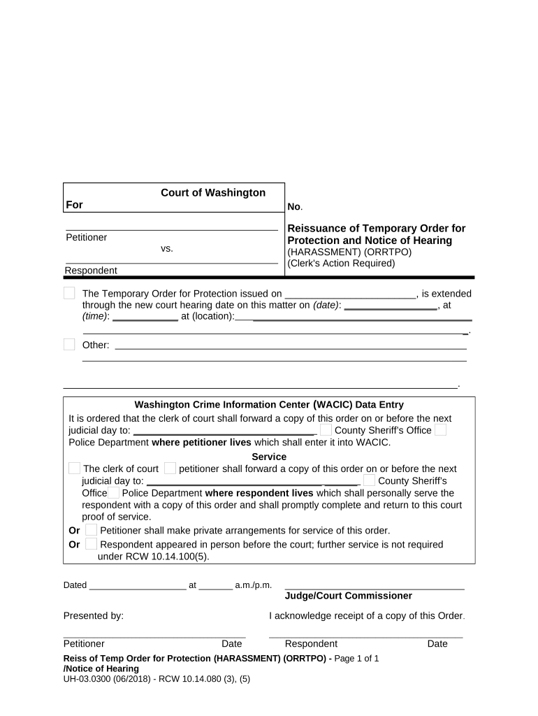 WPF UH-03.0300 - Reissuance of Temporary Order for Protection and Notice of Hearing - ORRTPO - Washington Preview on Page 1