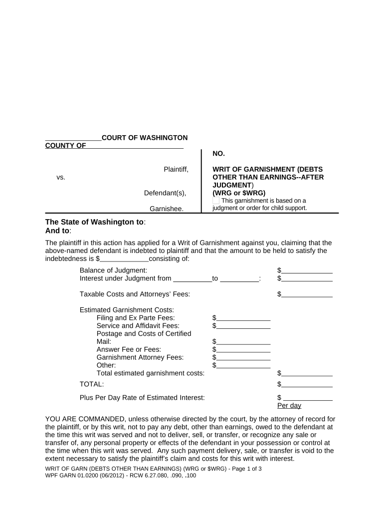 WPF GARN 01.0200 - Writ of Garnishment - Debts Other Than Earnings - After Judgment - Washington Preview on Page 1