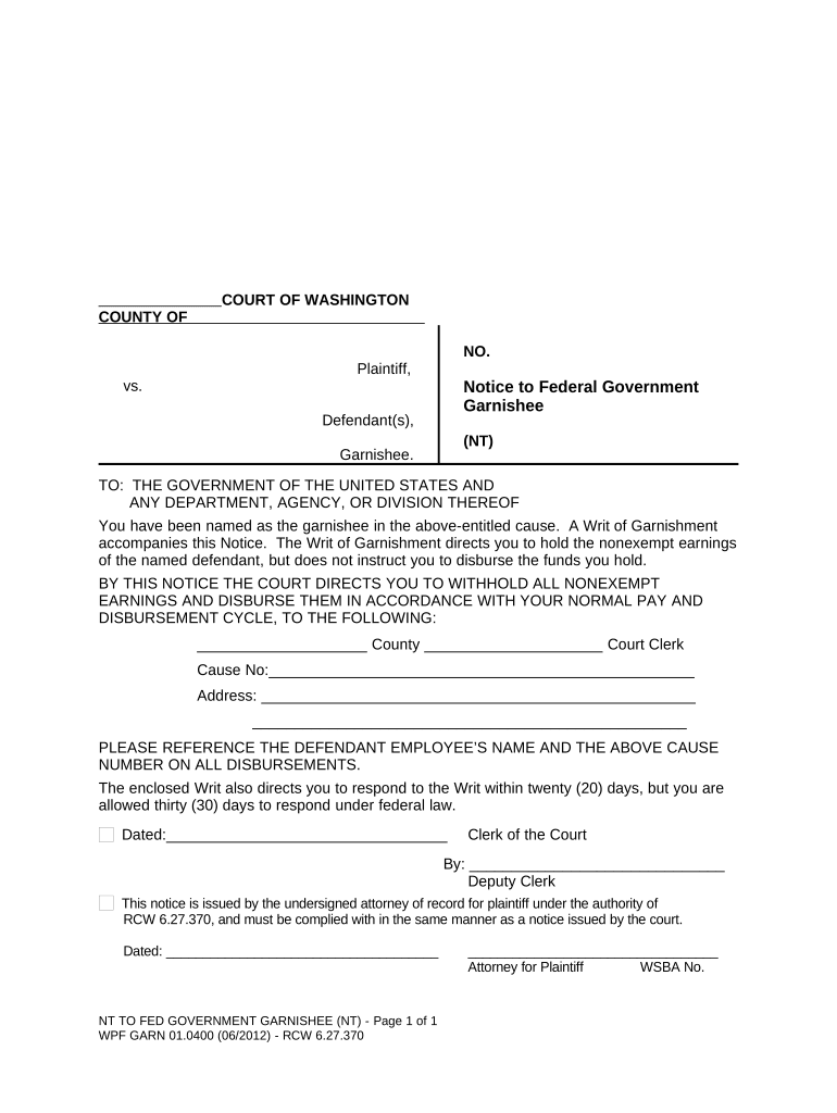 WPF GARN 01.0400 - Notice to Federal Government Garnishee - Washington Preview on Page 1