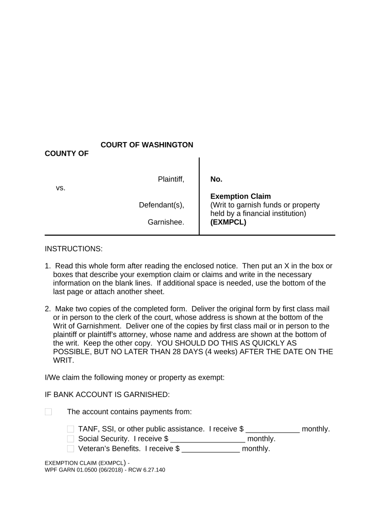 WPF GARN 01.0500 - Exemption Claim - Washington Preview on Page 1