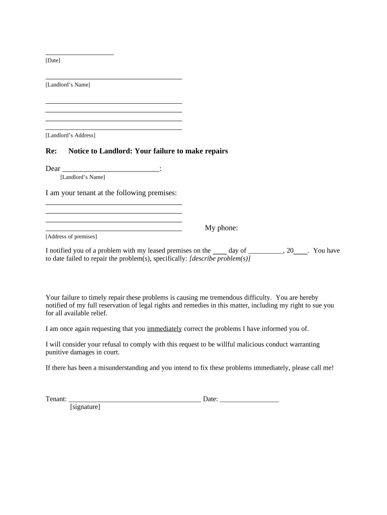 Letter from Tenant to Landlord about Landlord's failure to make repairs - Washington Preview on Page 1.