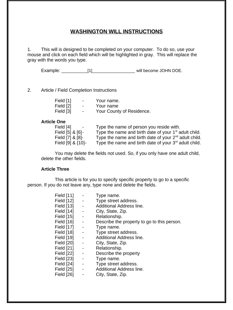 Mutual Wills Package of Last Wills and Testaments for Man and Woman living together not Married with Adult Children - Washington Preview on Page 1