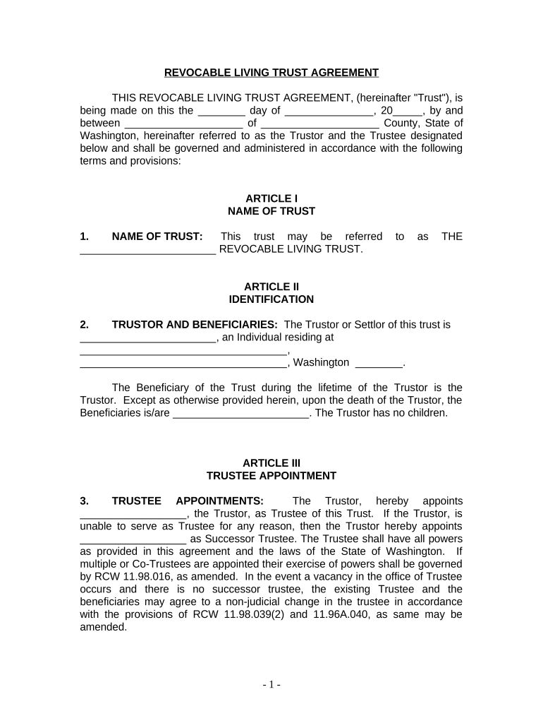 Living Trust for Individual Who is Single, Divorced or Widow or Widower with No Children - Washington Preview on Page 1