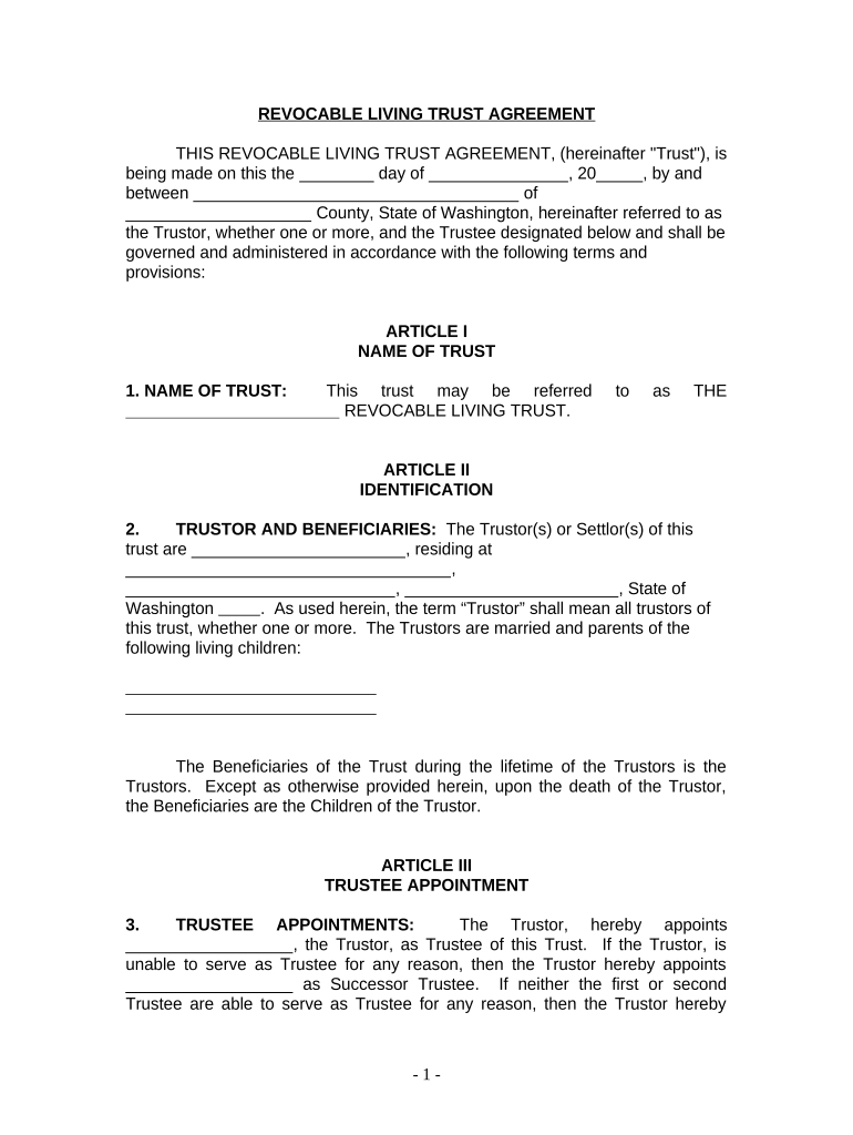 Living Trust for Husband and Wife with Minor and or Adult Children - Washington Preview on Page 1