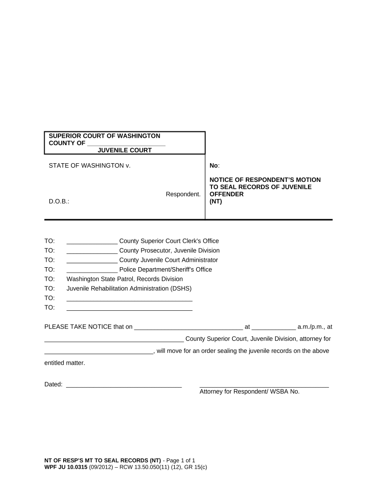 Notice of Respondent's Motion to Seal Records of Juvenile Offender - Washington Preview on Page 1