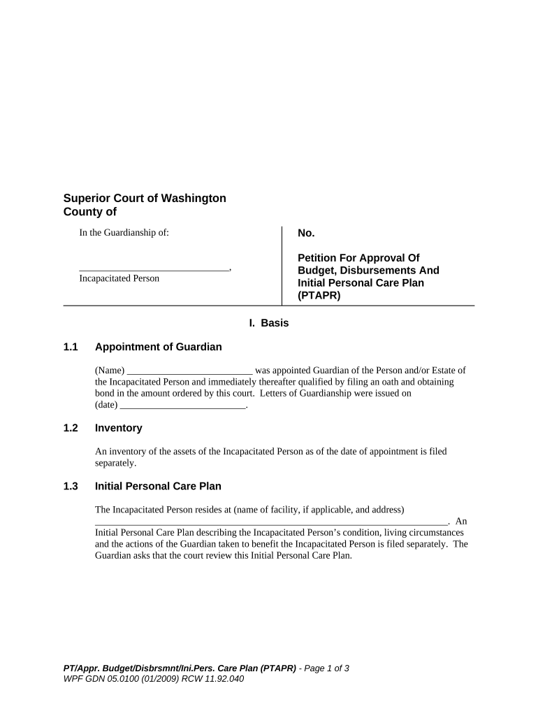 Petition for Approval of Budget, Disbursements and Initial Personal Care Plan - Washington Preview on Page 1