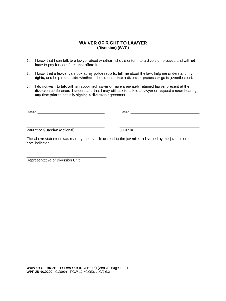 JU 06.0200 - Waiver of Right to Lawyer - Washington Preview on Page 1