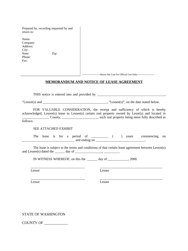 Notice of Lease for Recording - Washington Preview on Page 1