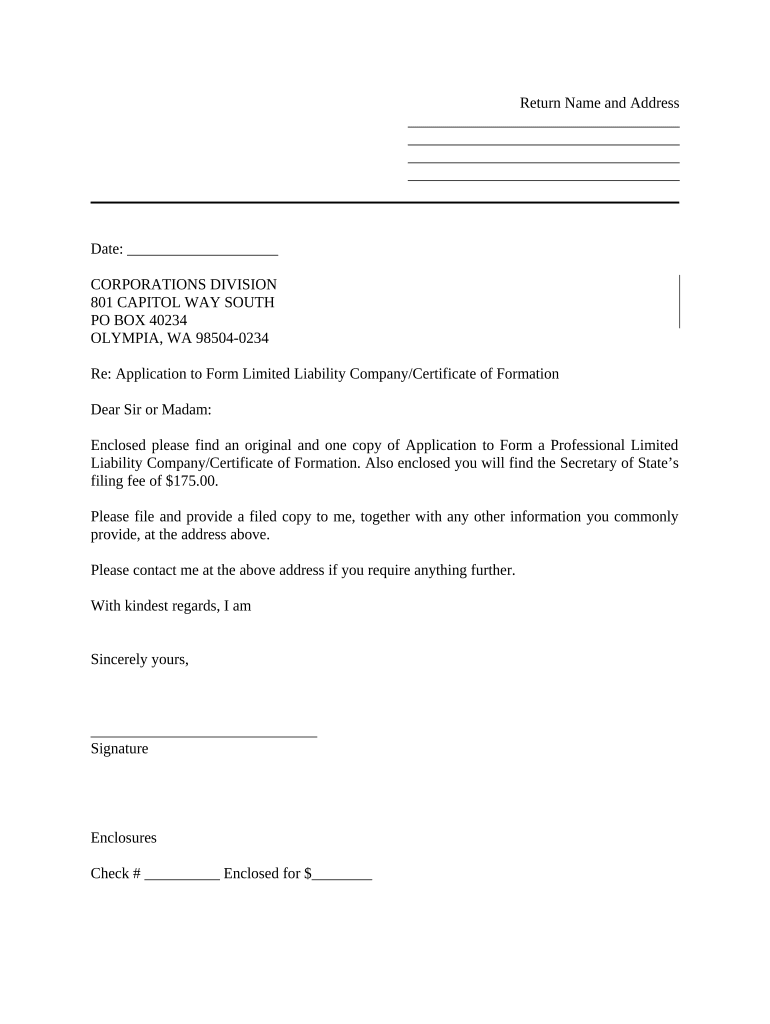 Sample Cover Letter for Filing of LLC Articles or Certificate with Secretary of State - Washington Preview on Page 1