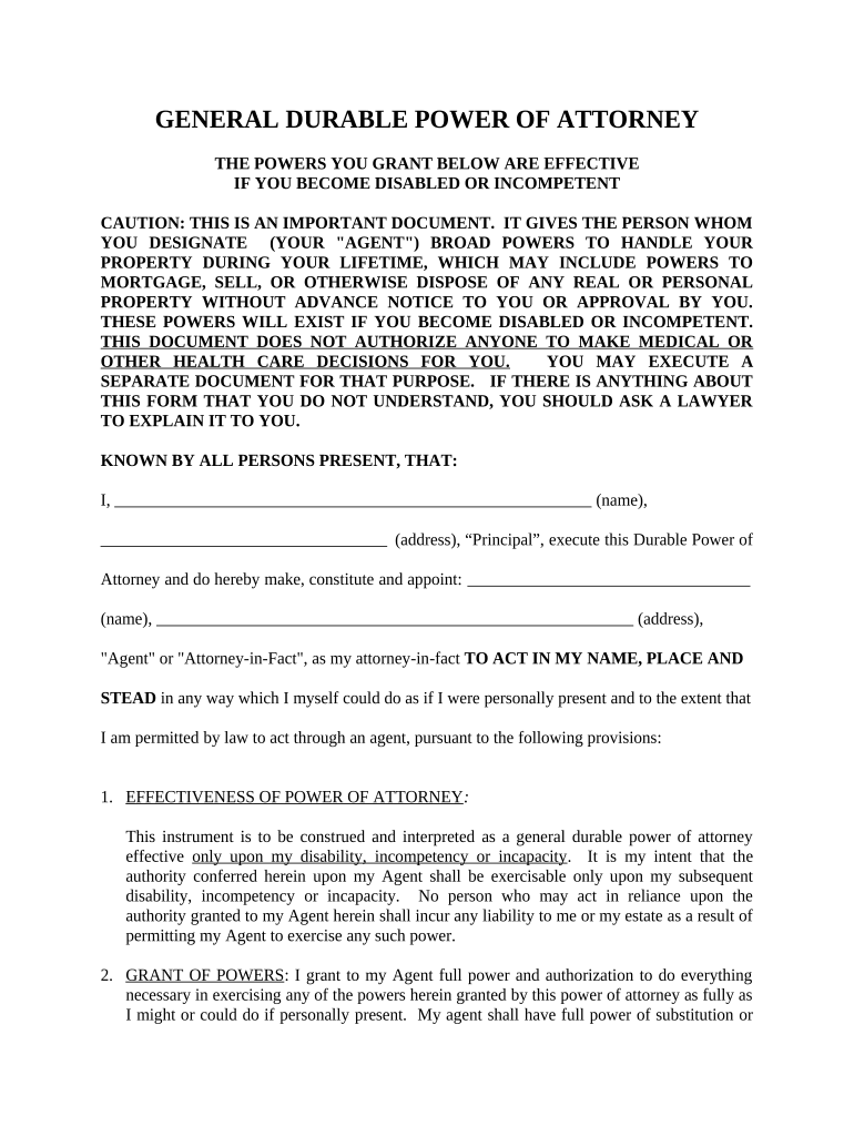 General Durable Power of Attorney for Property and Finances or Financial Effective upon Disability - Washington Preview on Page 1