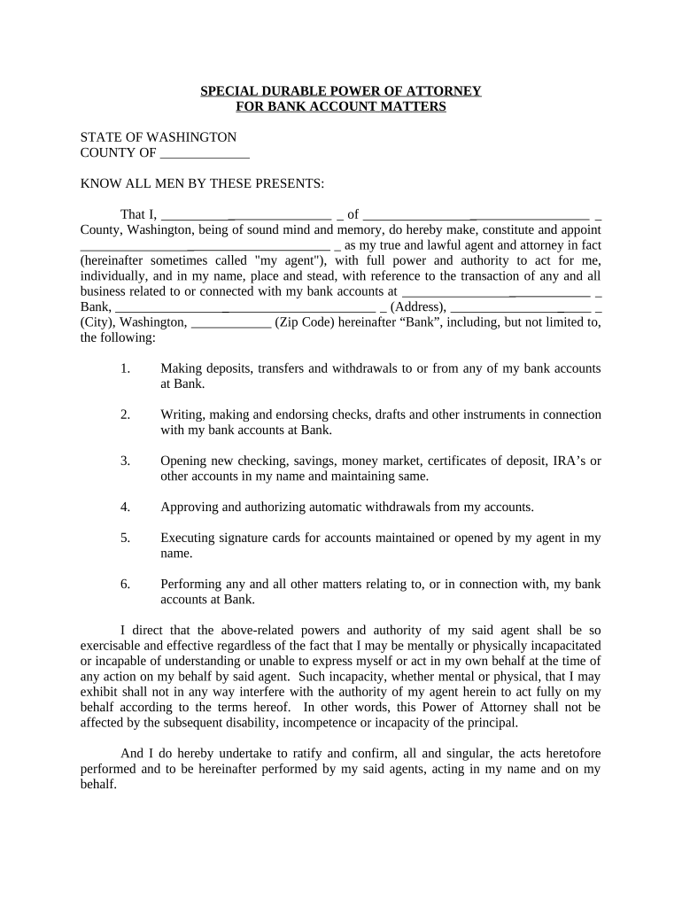 Special Durable Power of Attorney for Bank Account Matters - Washington Preview on Page 1