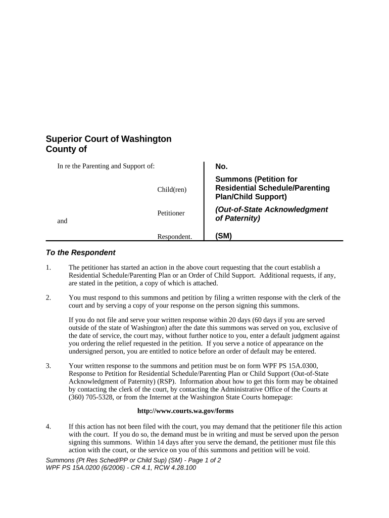 WPF PS 15A.0200 - Summons - Petition for Residential Schedule - Parenting Plan or - Washington Preview on Page 1.