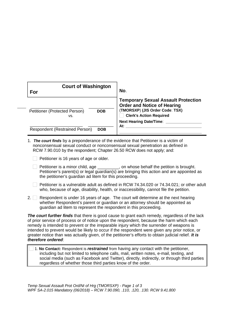 SA 2.015 - Temporary Sexual Assault Protection Order and Notice of Hearing - Washington Preview on Page 1