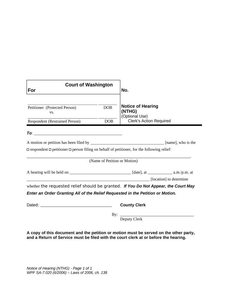 SA 7.020 - Notice of Hearing - Washington Preview on Page 1.