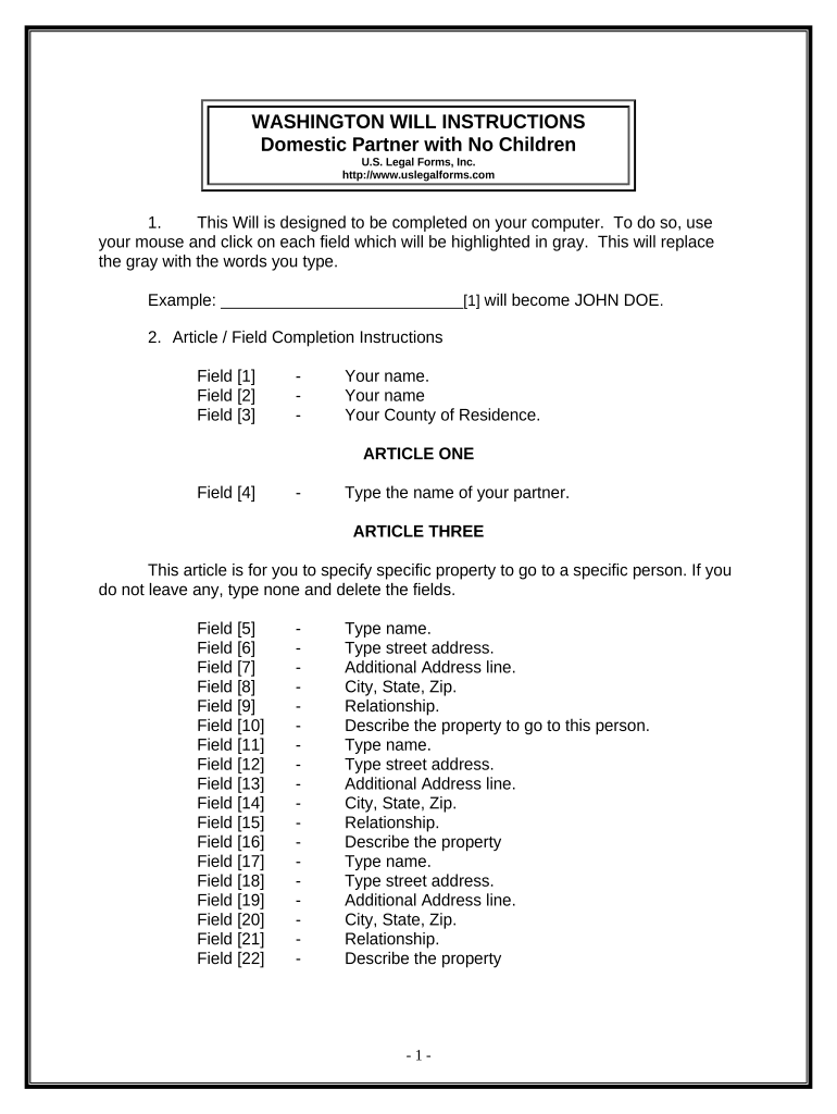 Legal Last Will and Testament Form for a Domestic Partner With No Children - Washington Preview on Page 1.