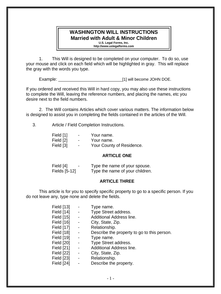 Legal Last Will and Testament Form for Married Person with Adult and Minor Children - Washington Preview on Page 1