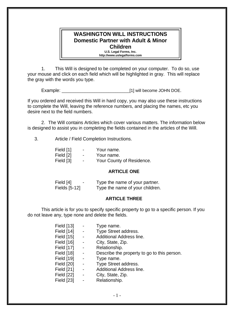 Legal Last Will and Testament Form for Domestic Partner with Adult and Minor Children - Washington Preview on Page 1