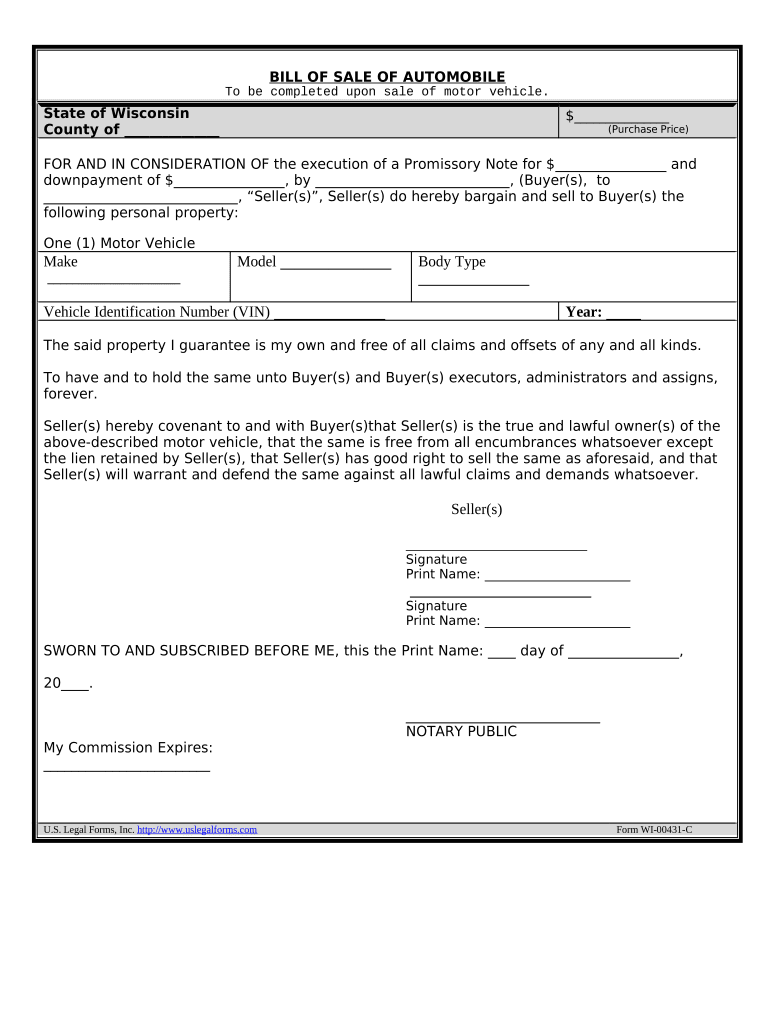 Bill of Sale for Automobile or Vehicle including Odometer Statement and Promissory Note - Wisconsin Preview on Page 1