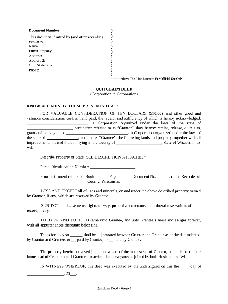 Quitclaim Deed from Corporation to Corporation - Wisconsin Preview on Page 1.