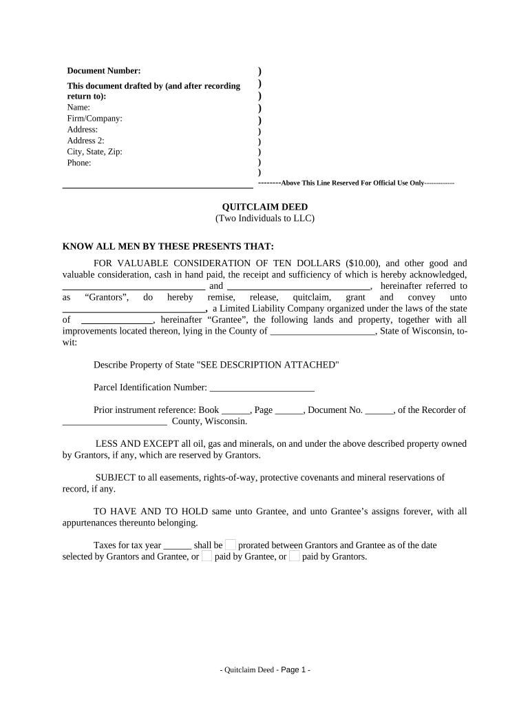 Quitclaim Deed by Two Individuals to LLC - Wisconsin Preview on Page 1