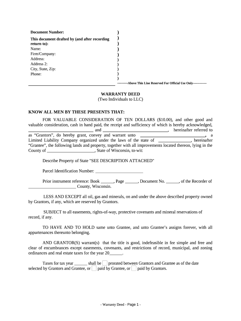 Warranty Deed from two Individuals to LLC - Wisconsin Preview on Page 1