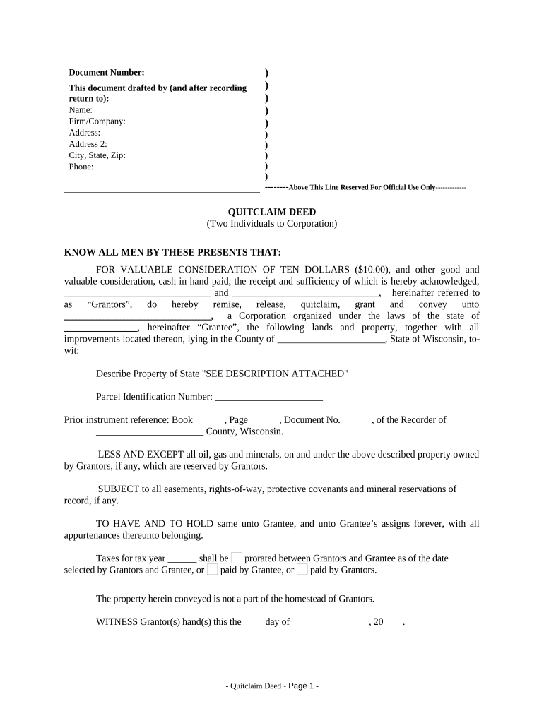 Quitclaim Deed by Two Individuals to Corporation - Wisconsin Preview on Page 1