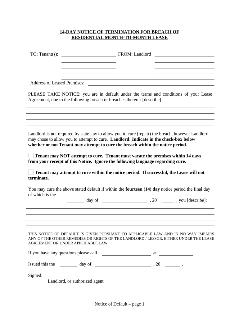 14 Day Notice to Terminate Month to Month Lease for Breach Other than Nonpayment of Rent if Failure to Cure - Residential - Wisconsin Preview on Page 1.