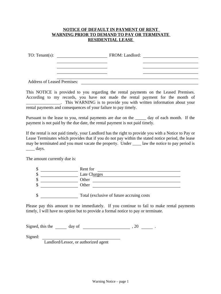 Notice of Default in Payment of Rent as Warning Prior to Demand to Pay or Terminate for Residential Property - Wisconsin Preview on Page 1