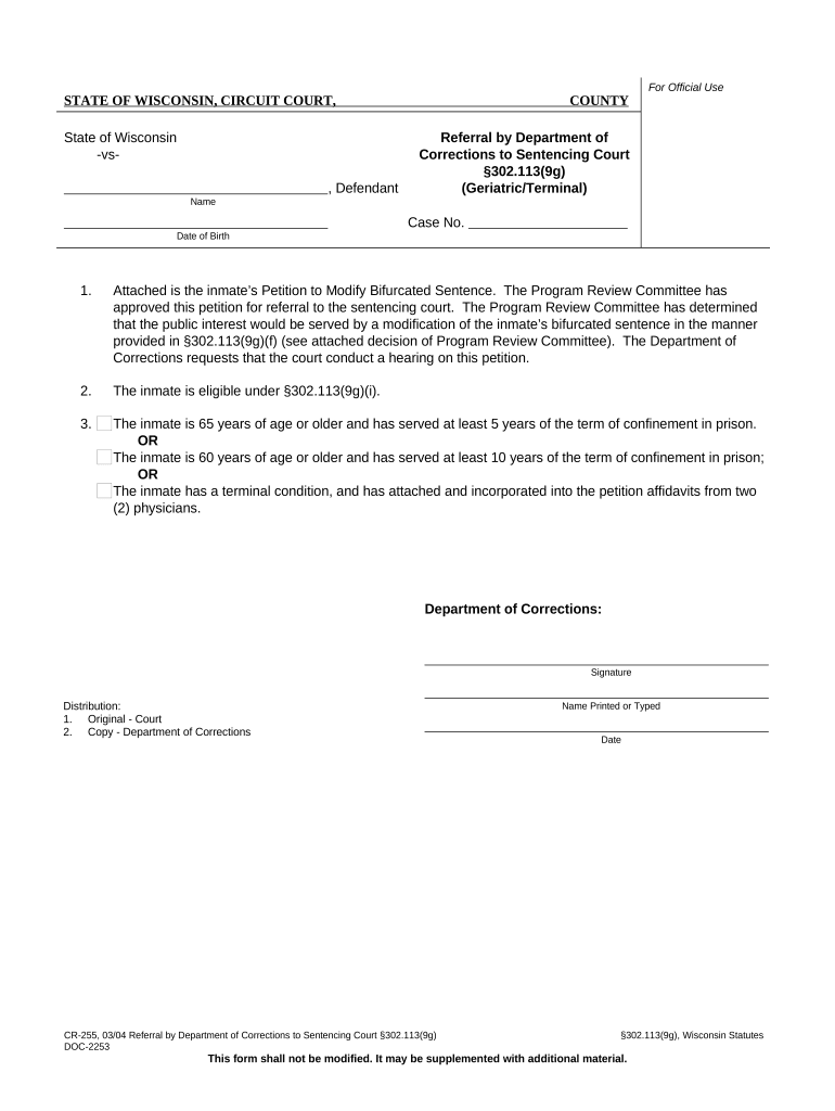 Referral By Department Of Corrections To Sentencing Court Section 302.113(9g) (Geriatric / Terminal) - Wisconsin Preview on Page 1