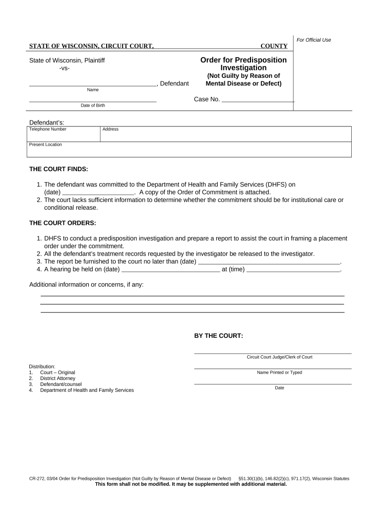 Order For Predisposition Investigation (Not Guilty By Reason Of Mental Disease Or Defect) - Wisconsin Preview on Page 1