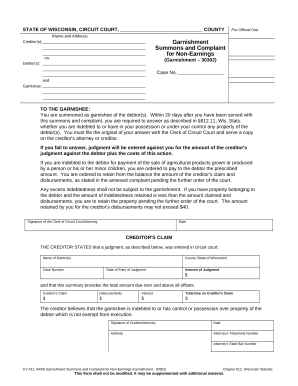 wisconsin garnishment Doc Template | pdfFiller