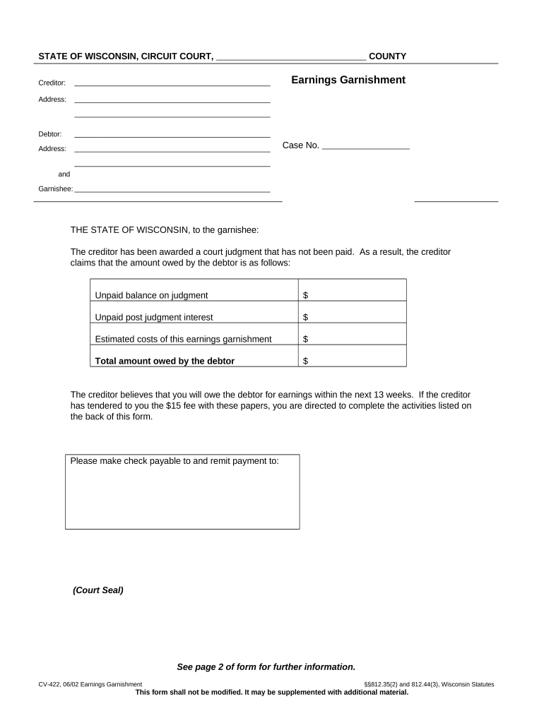 wisconsin garnishment exemption form Preview on Page 1