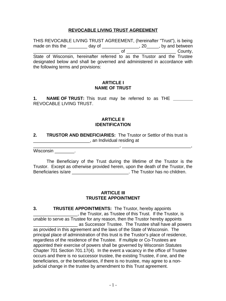 Living Trust for Individual Who is Single, Divorced or Widow or Widower with No Children - Wisconsin Preview on Page 1