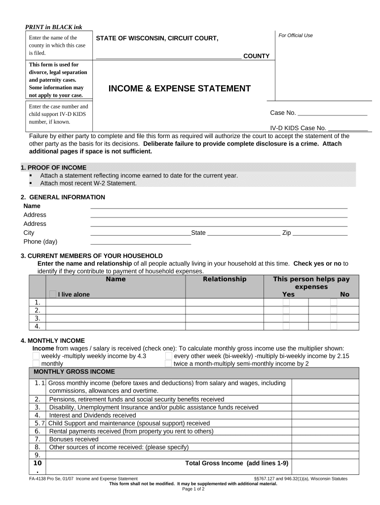 income and expense statement wisconsin Preview on Page 1.