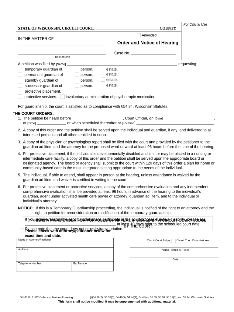 Order And Notice Of Hearing - Wisconsin Preview on Page 1