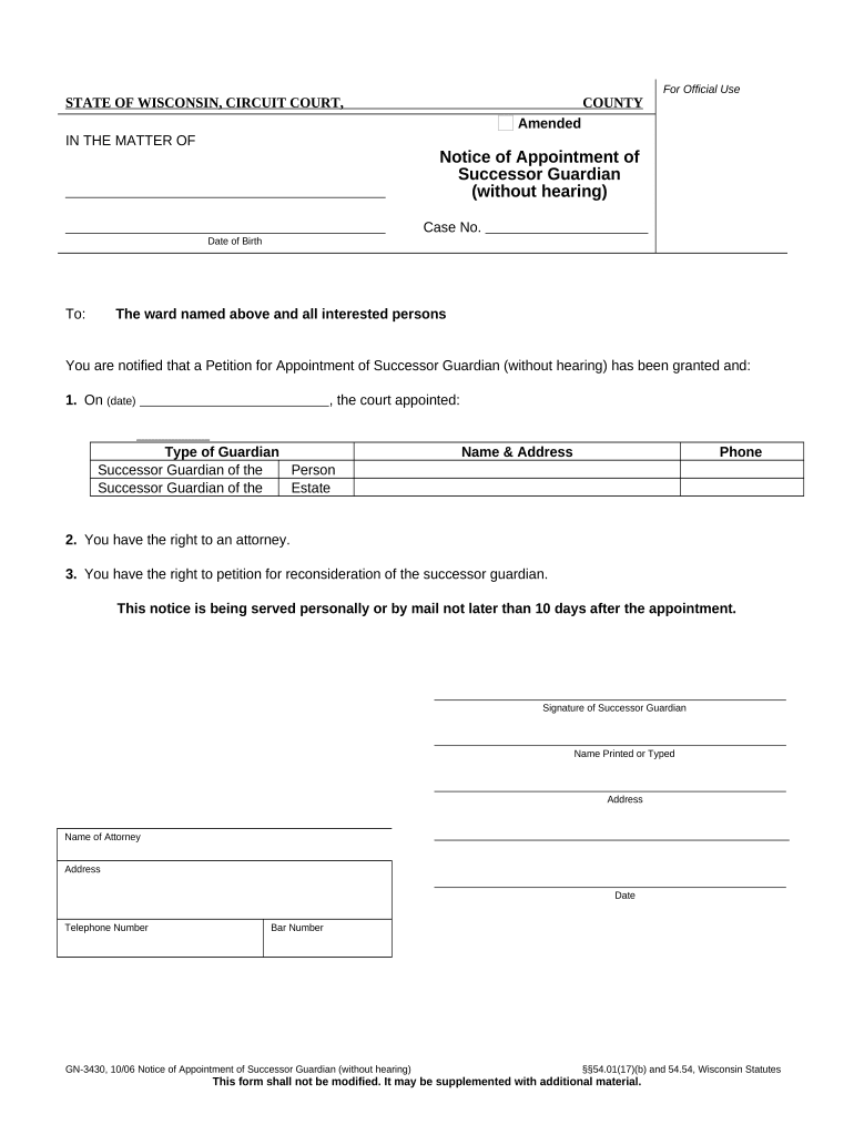 Notice Of Appointment Of Successor Guardian (Without Hearing) - Wisconsin Preview on Page 1