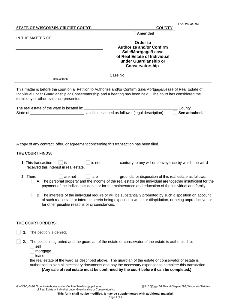 Order To Authorize And/Or Confirm Sale/Mortgage/Lease Of Real Estate Of Individual Under Guardianship Or Conservatorship - Wisconsin Preview on Page 1