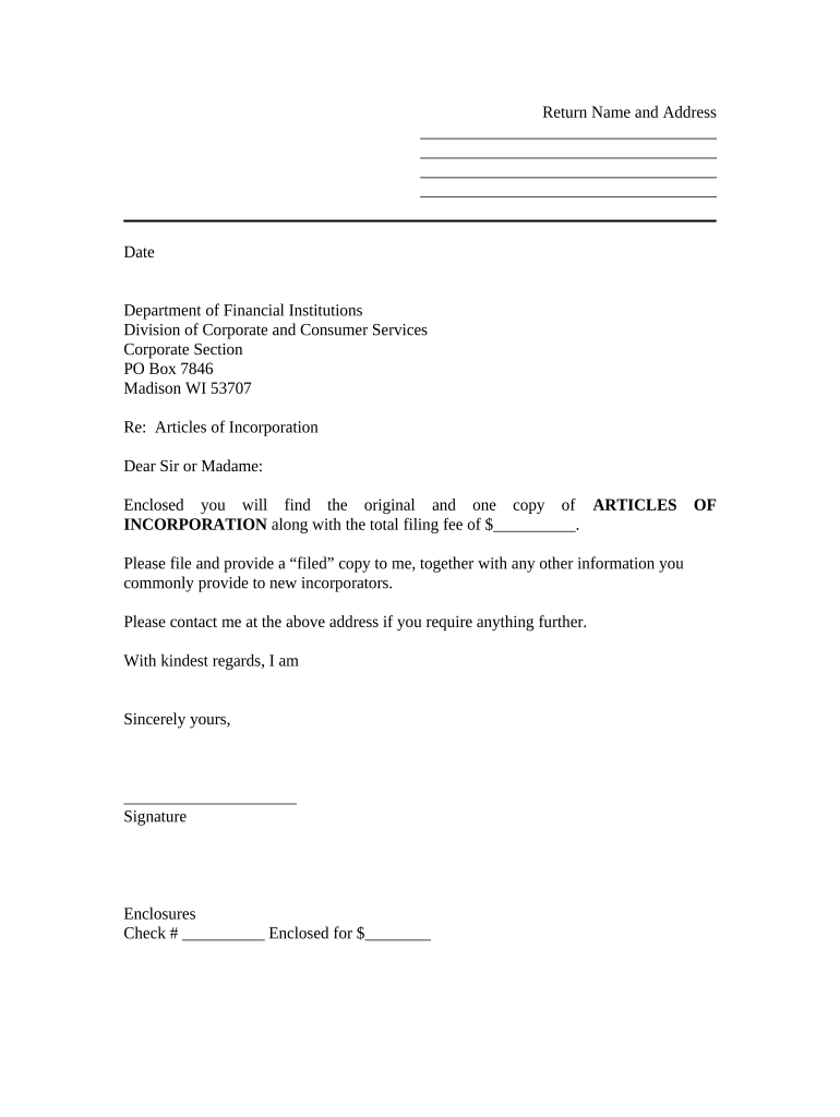 Sample Transmittal Letter to Secretary of State&#039;s Office to File Articles of Incorporation - Wisconsin - Wisconsin Preview on Page 1