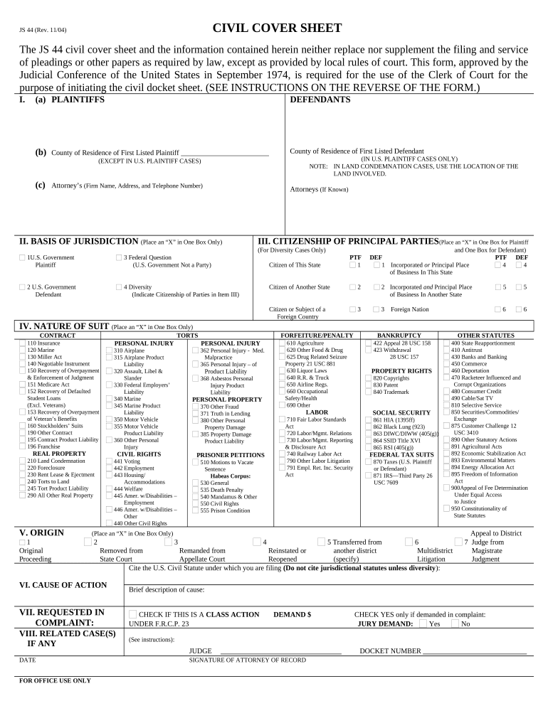 JS-44 Civil Cover Sheet - Federal District Court - Wisconsin Preview on Page 1