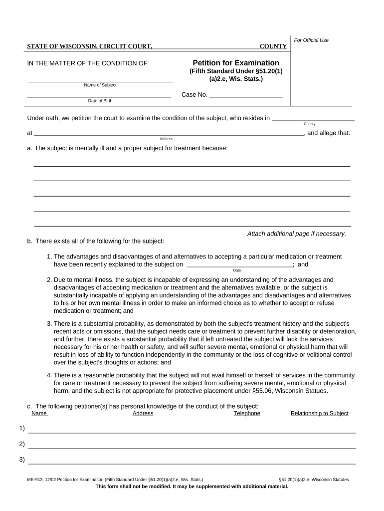 Petition for Examination - Fifth Standard under 51.20(1)(a)(2.e.) - Wisconsin Preview on Page 1