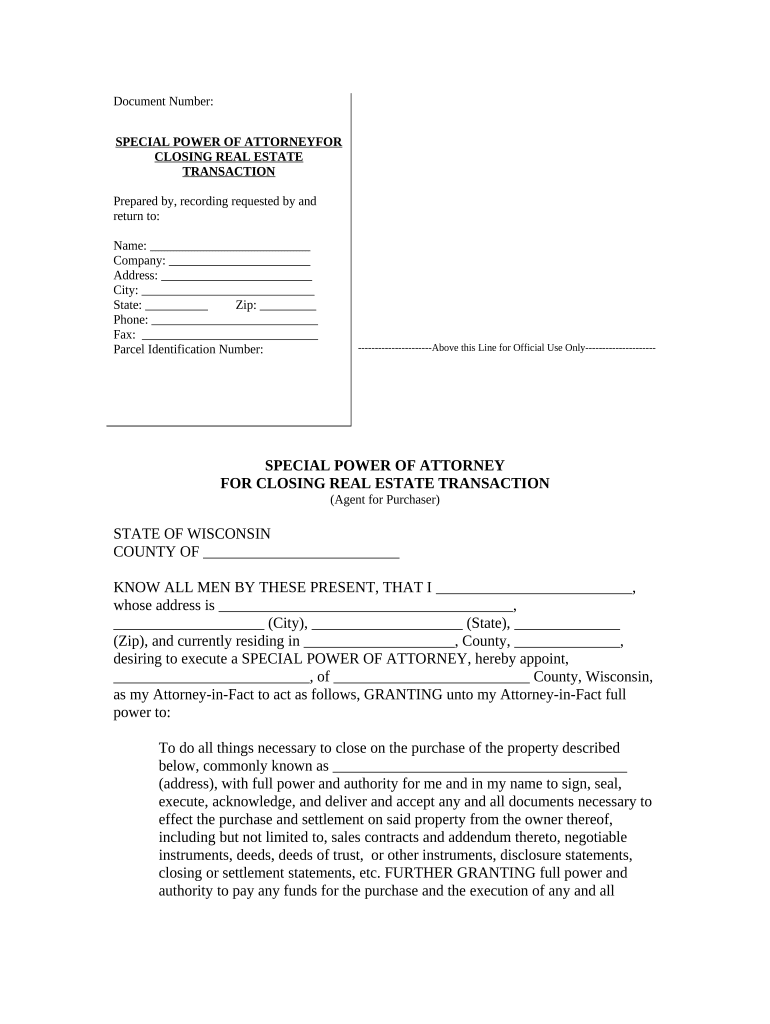 Special or Limited Power of Attorney for Real Estate Purchase Transaction by Purchaser - Wisconsin Preview on Page 1